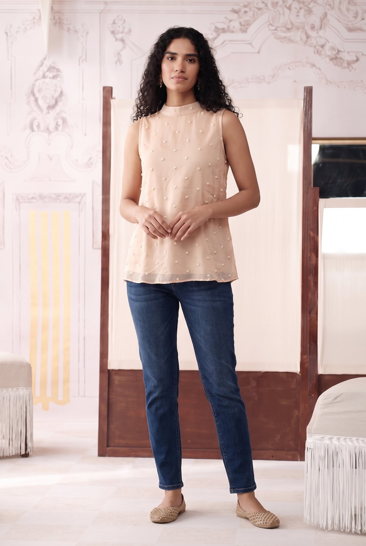 Peach Pearl Embroidered Top