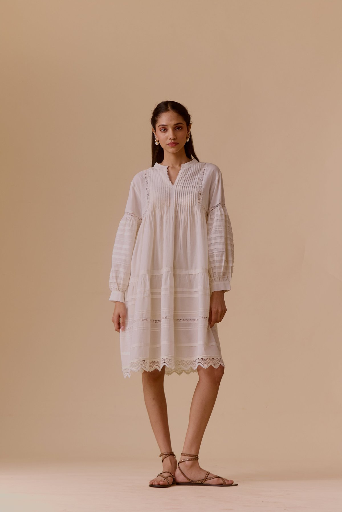 Ivory Cotton Tiered Midi Dress with Lace Inserts