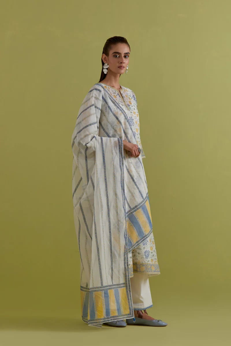 Off White Hand Block Printed Straight Kurta Set