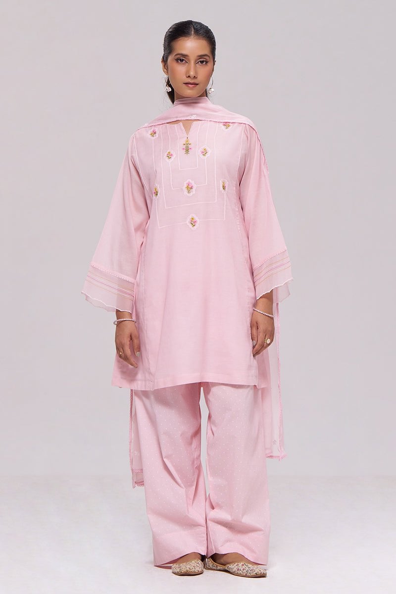Dreamy Pink Mul-Chanderi Embroidered 3-Piece Kurta Set