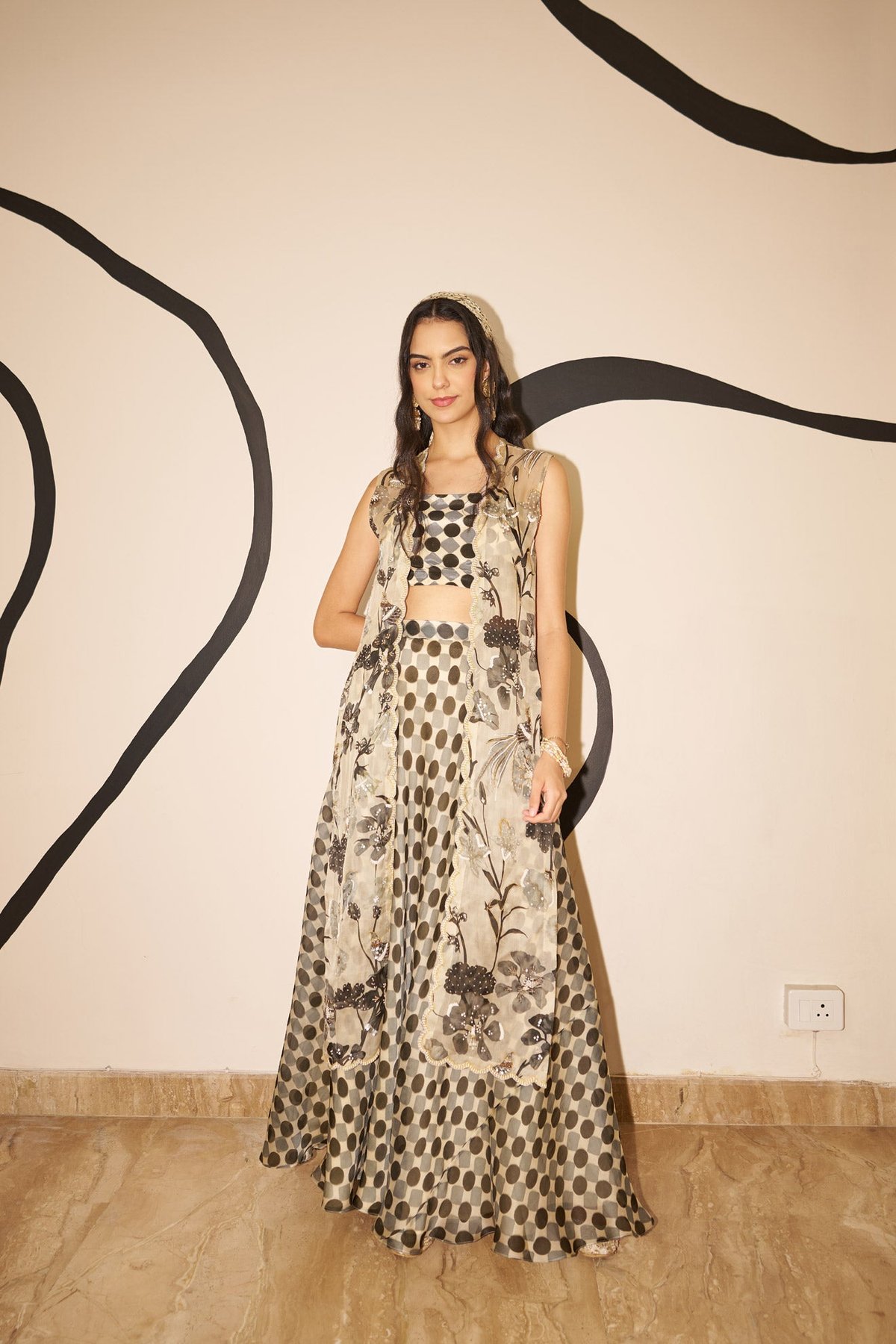 Ivory and Black Printed Sharara Co-ord Set with Sheer Jacket