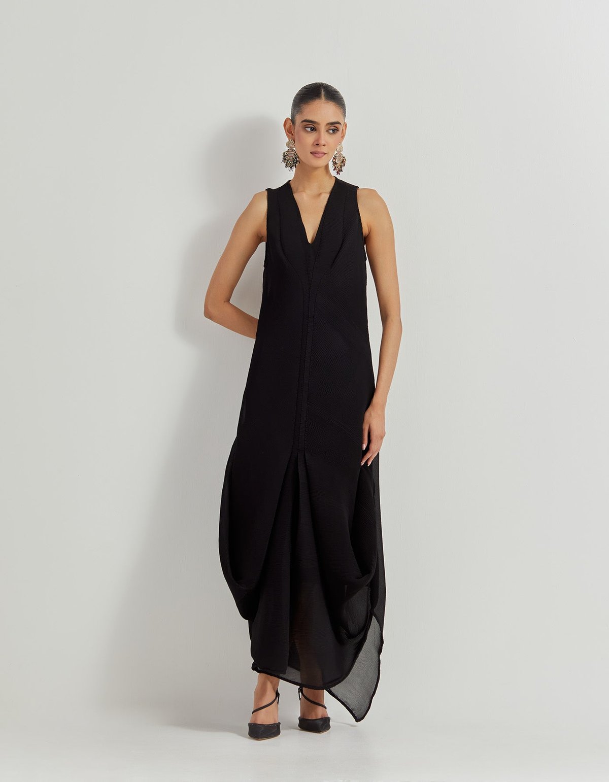 Black Crinkle Georgette Sleeveless Maxi Cowl Dress