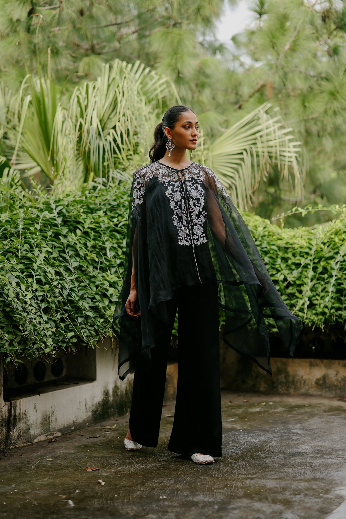 Black Embroidered Organza Cape Co-ord Set with Wide-Leg Pants