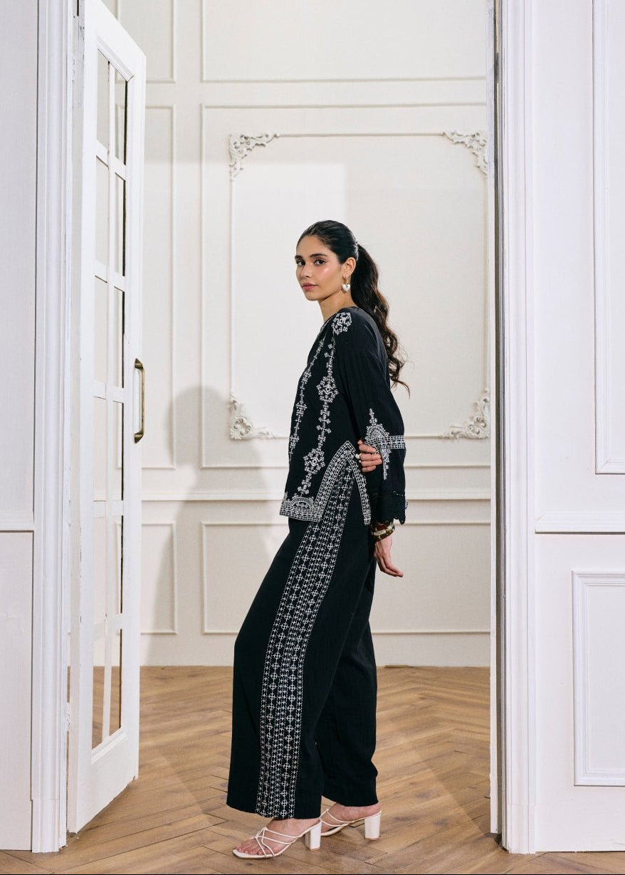 Black Wide-Leg Cotton Pants with Contrast Side Embroidery
