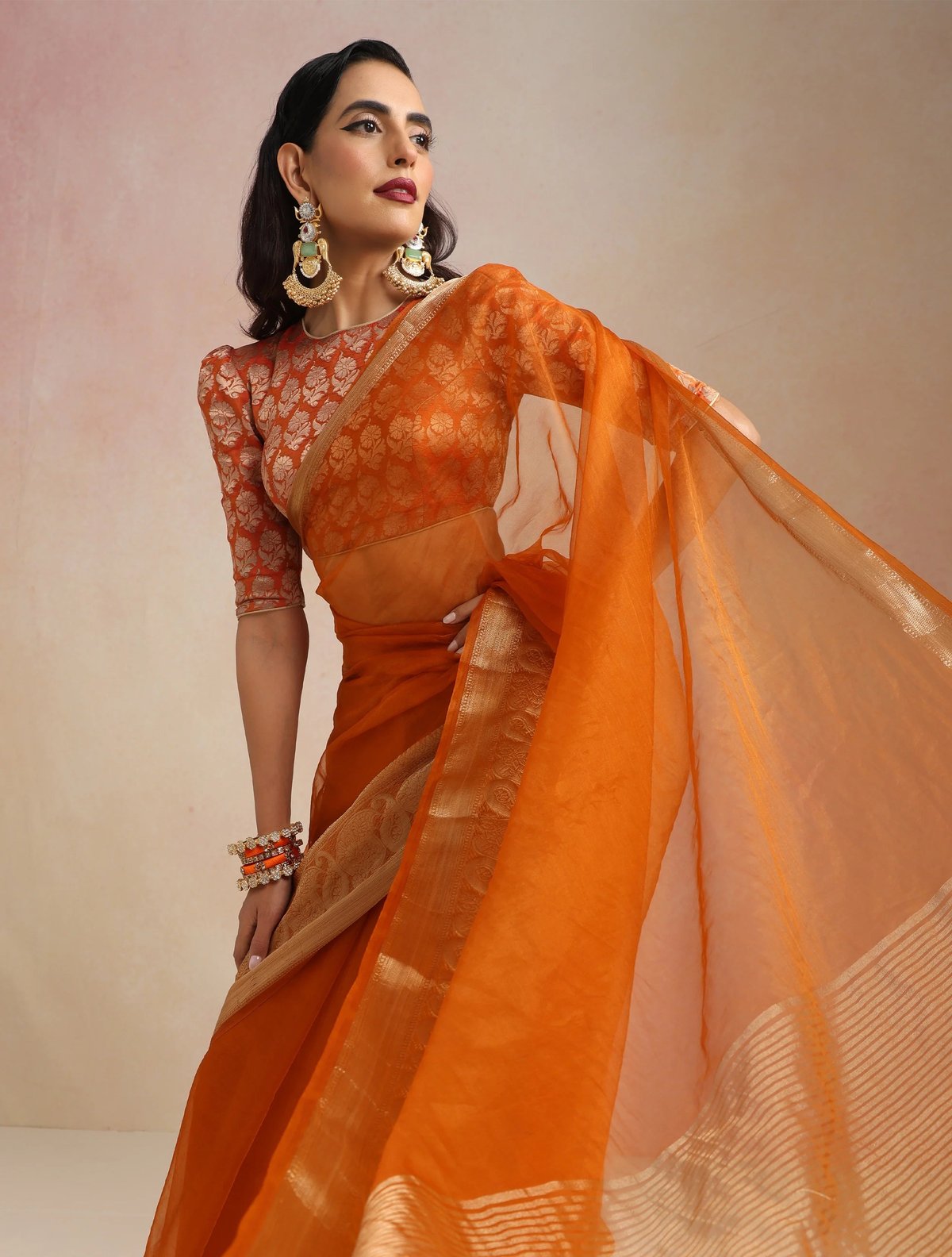 Rust Organza Saree With Unstitched Blouse