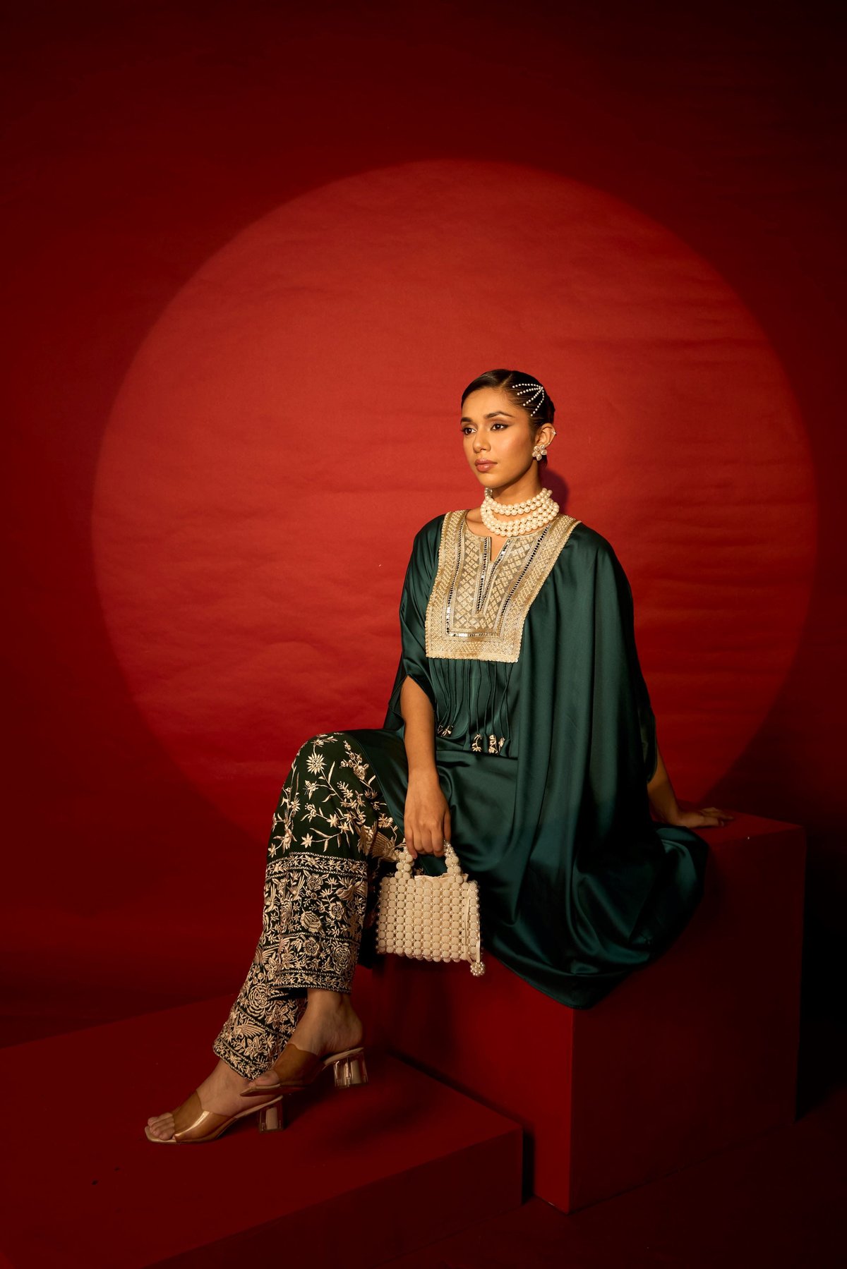 Green Satin Silk Kaftan Top and Pants Co-ord Set