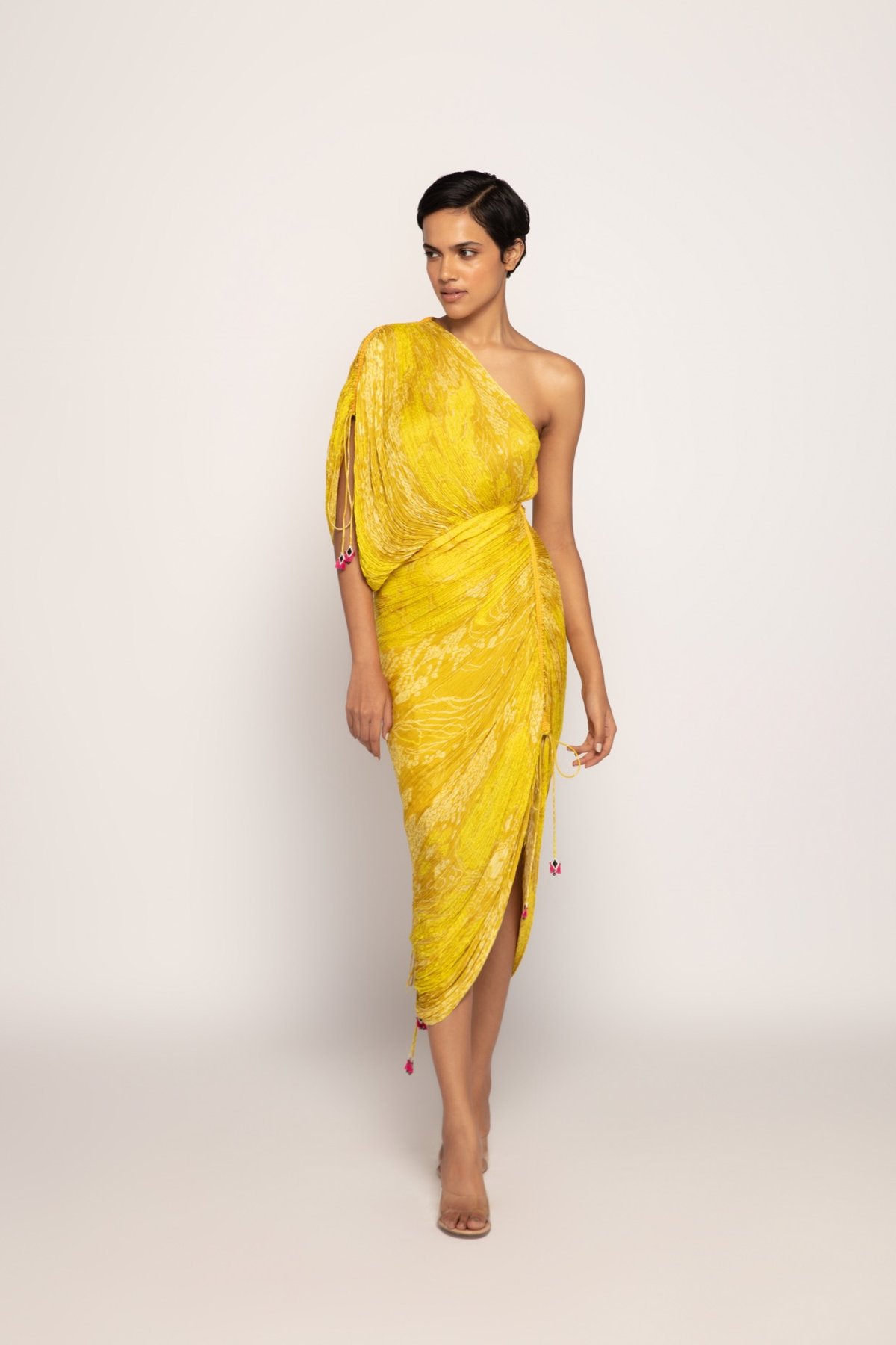 Yellow One-Shoulder Sari-Style Midi Dress
