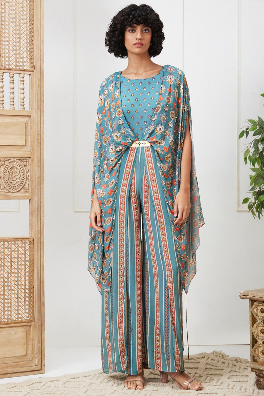 Blue Printed Cape-Overlay Wide-Leg Crepe Jumpsuit