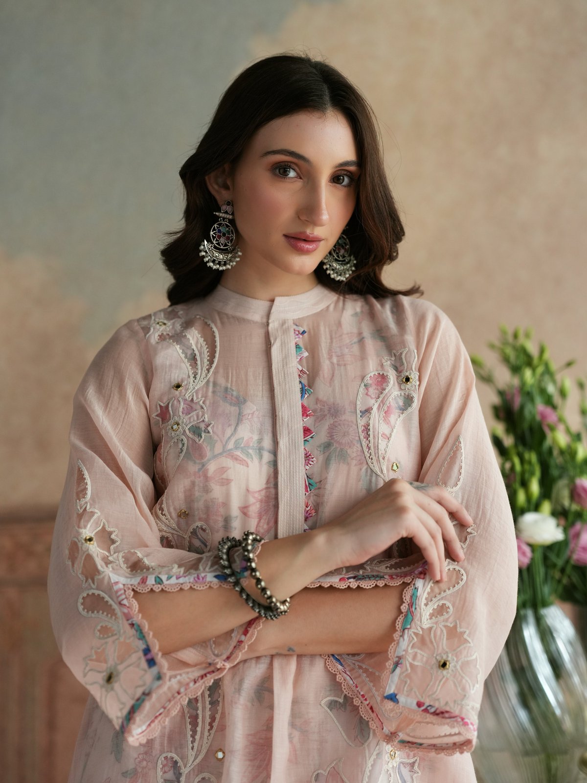 PEACH & WHITE A-LINE KURTA WITH PANT