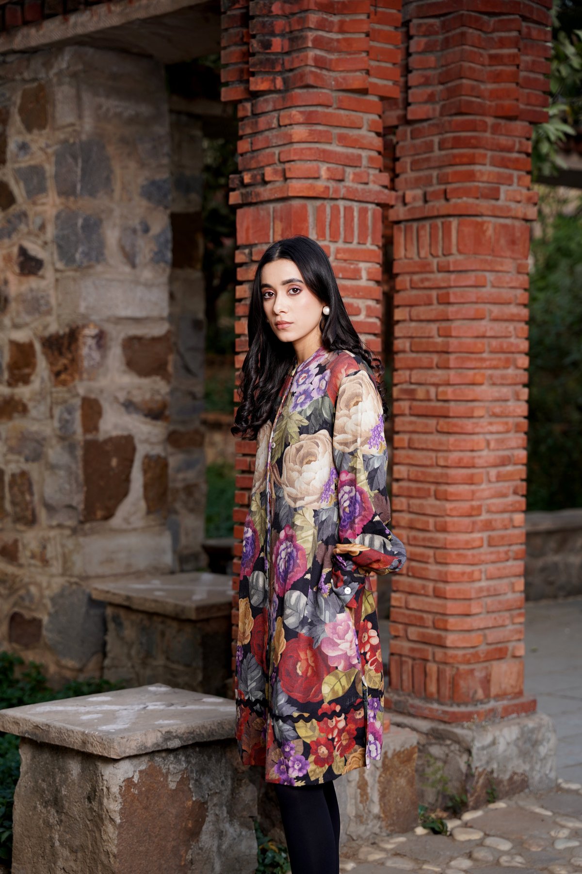 Black Multicolor Floral Merino Wool Mini Dress