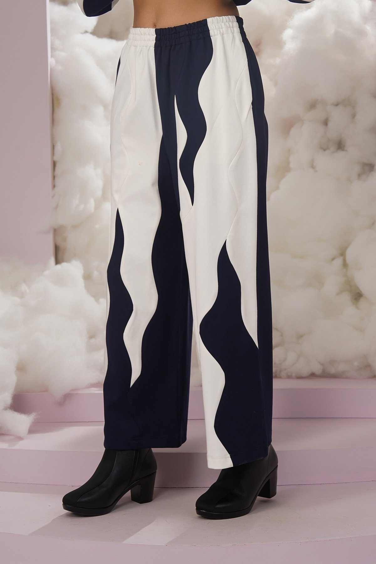 Blue/White Abstract Colorblock Wide-Leg Trousers