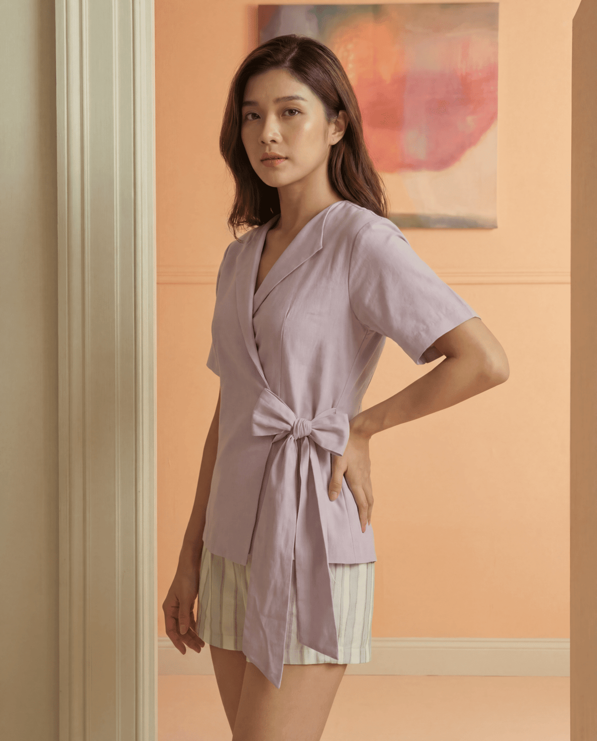 Lavender Linen Lyocell Wrap Top with Lapel Collar