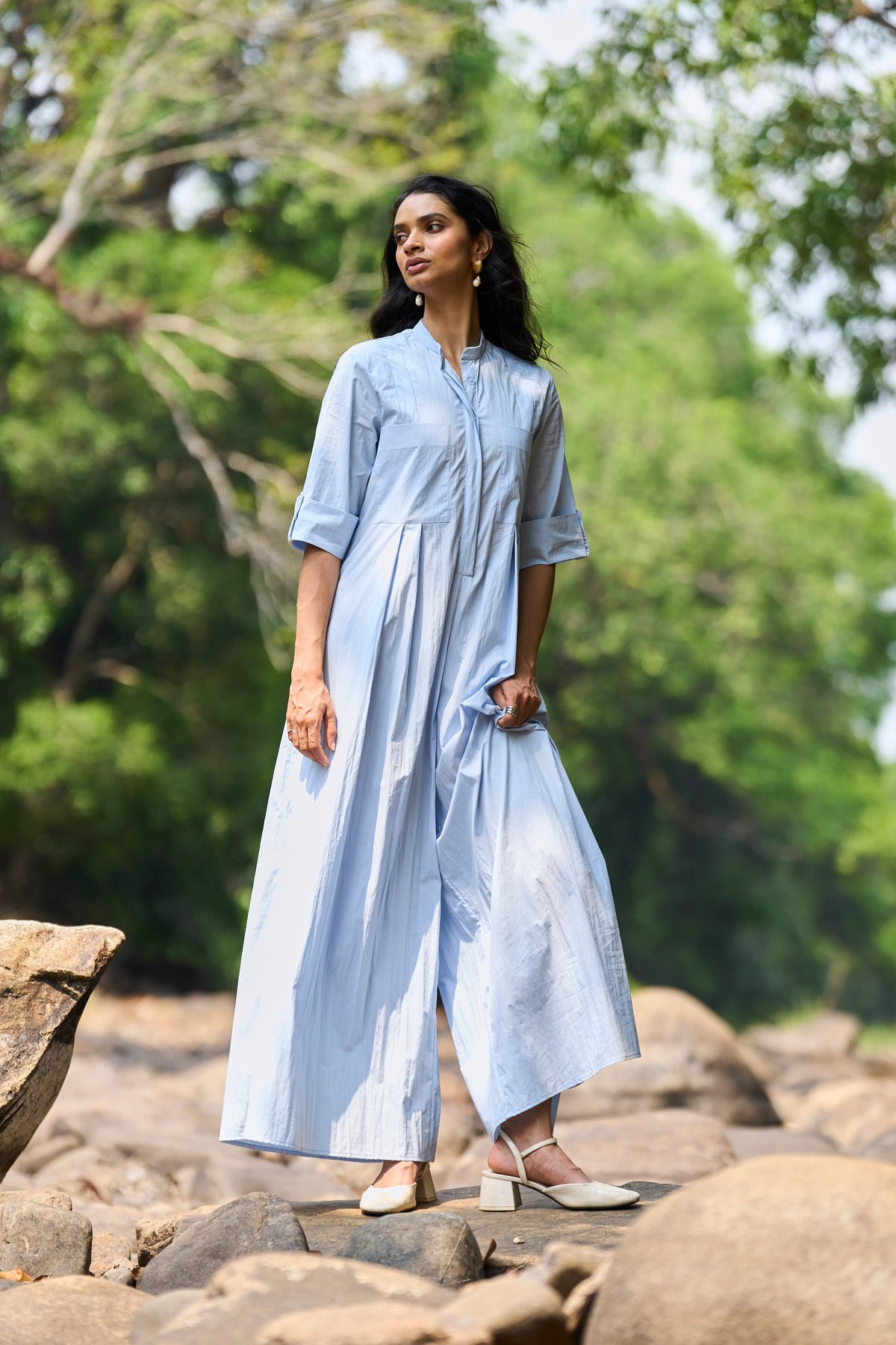 Sky Blue Poplin Wide-Leg Jumpsuit with Mandarin Collar