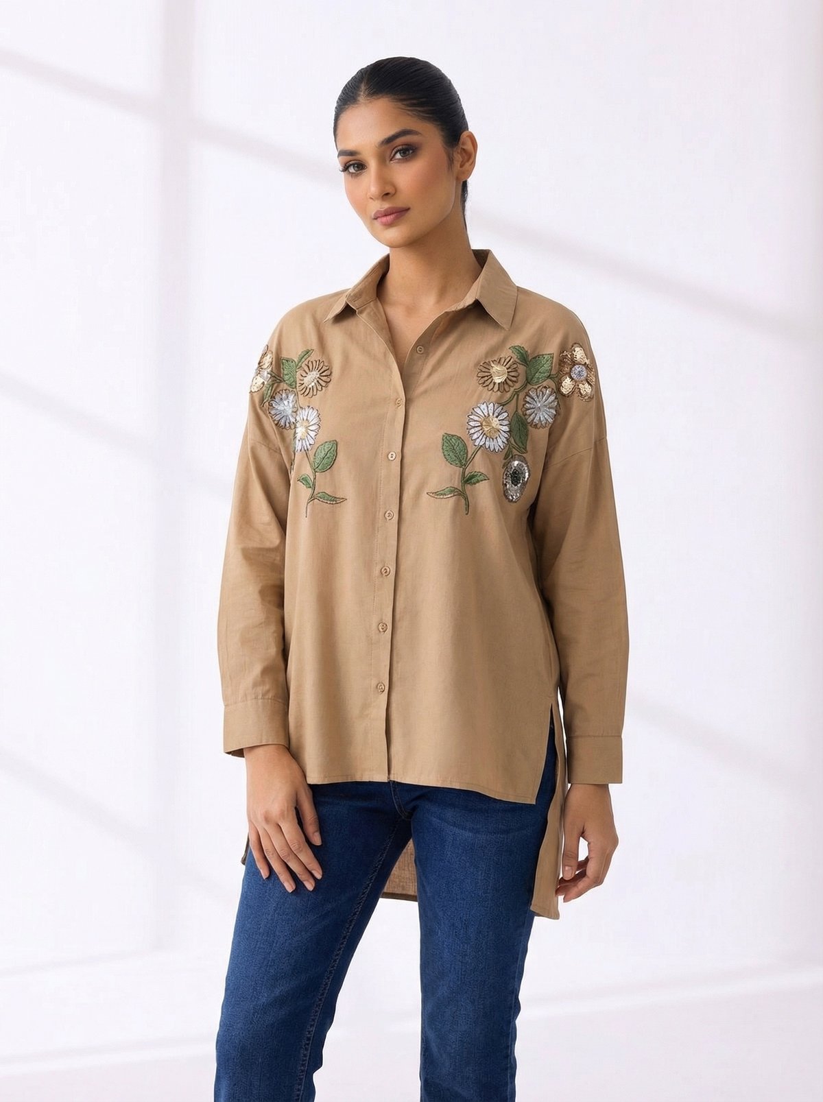 Brown Longline Embroidered Button-Down Shirt