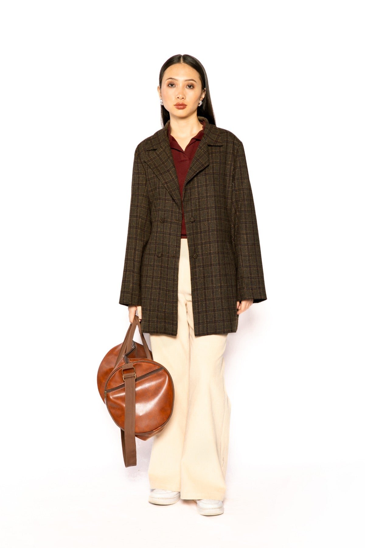 Green Checked Tailored Coat with Detachable Belt