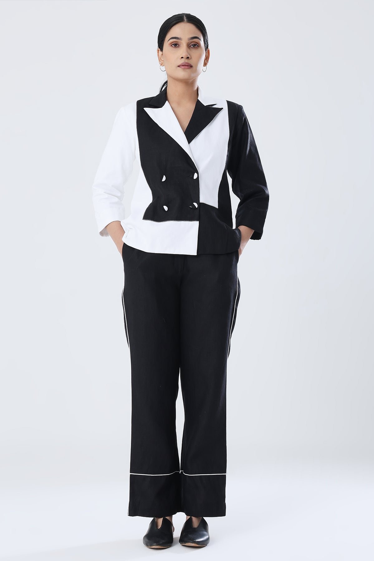 Black and White Colorblocked Blazer and Pants Co-ord Set