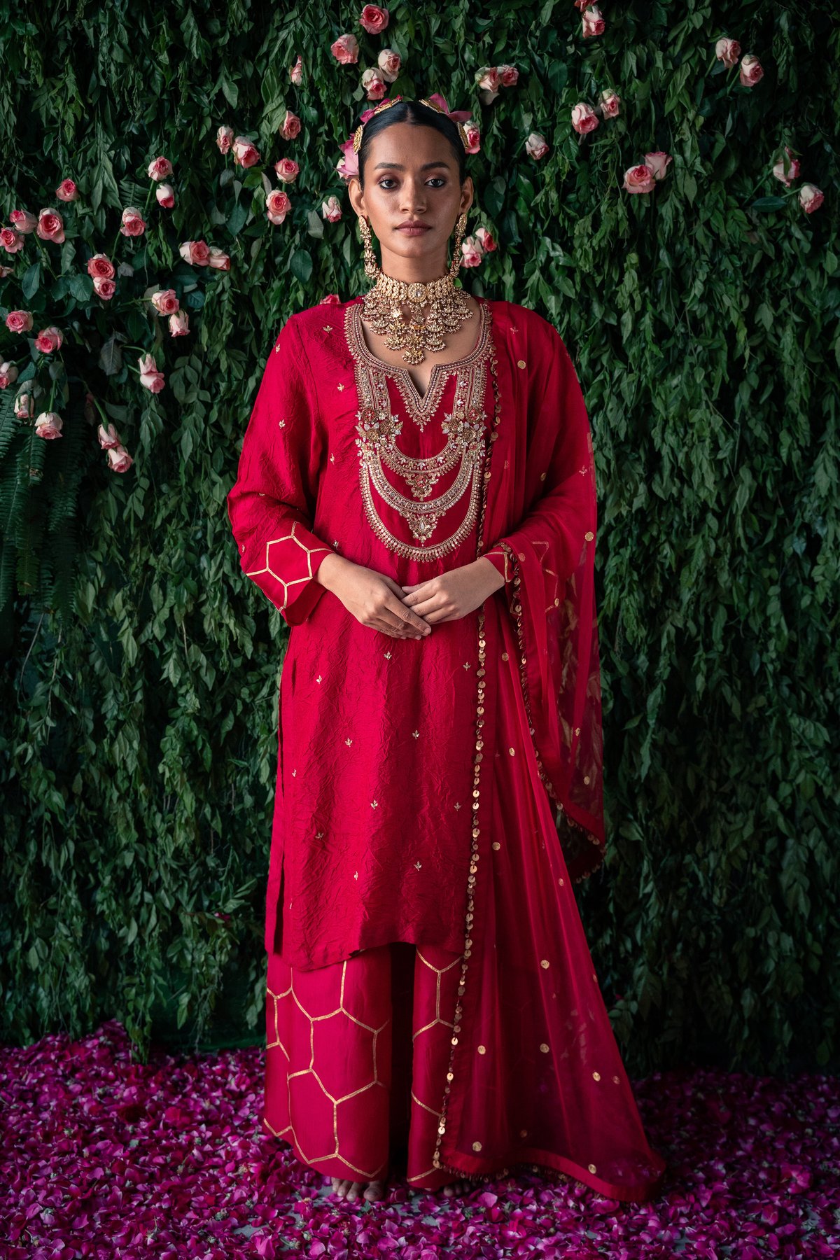 Maroon Crushed Silk Embroidered Kurta Set with Dupatta