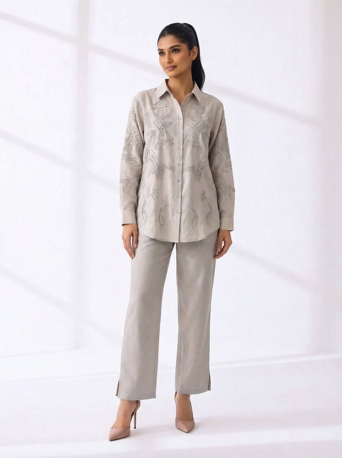 Cream Embroidered Shirt and Wide-Leg Pants Co-ord Set