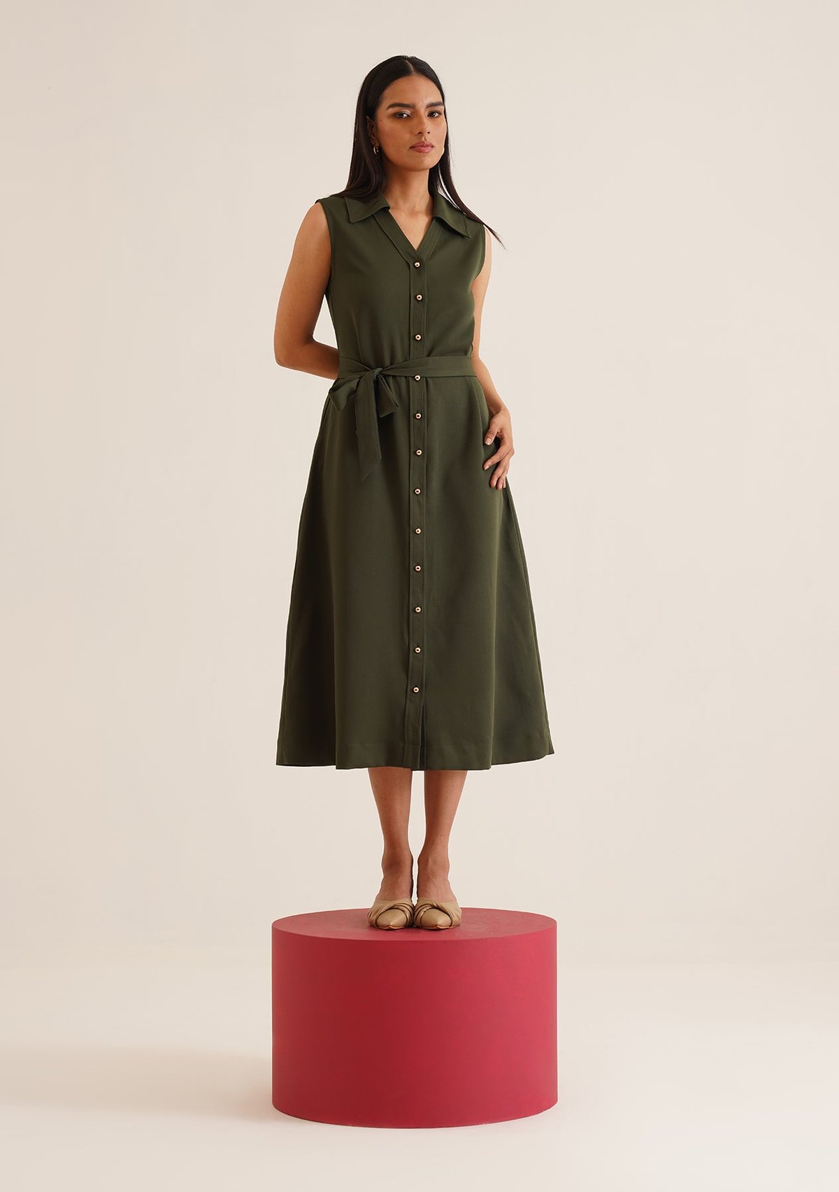 Olive Sleeveless Button-Front Midi Shirt Dress with Belt