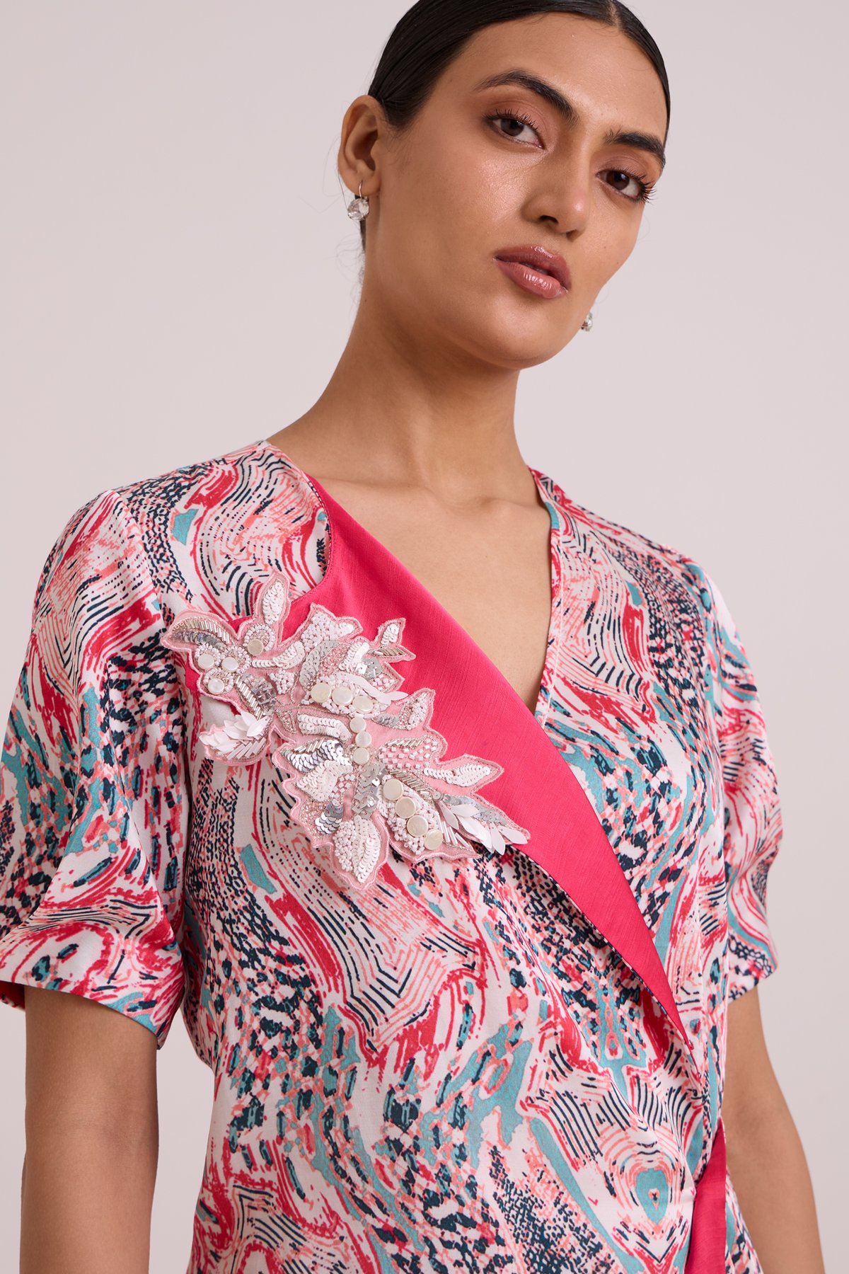 Multicolor Printed Wrap Dress with Shoulder Applique