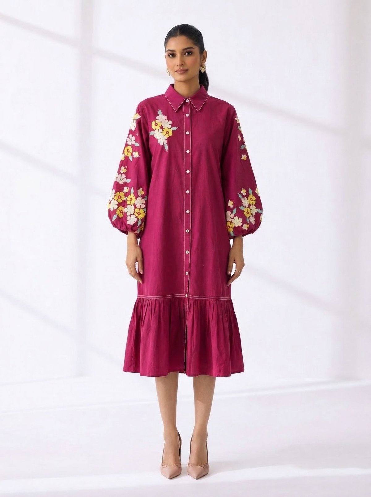 Red Embroidered Sleeve Midi Shirt Dress with Belt