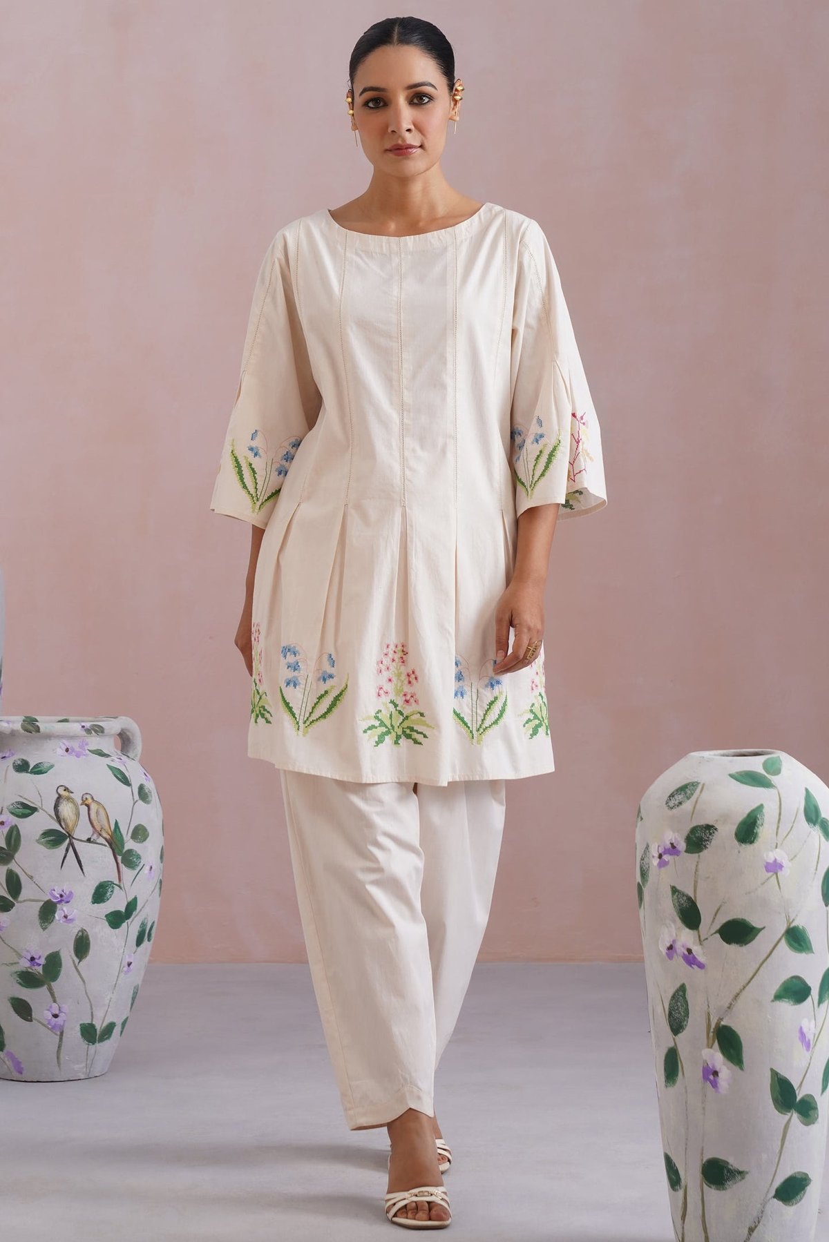 Floral Cross Stitched Embroidered Kurta Set
