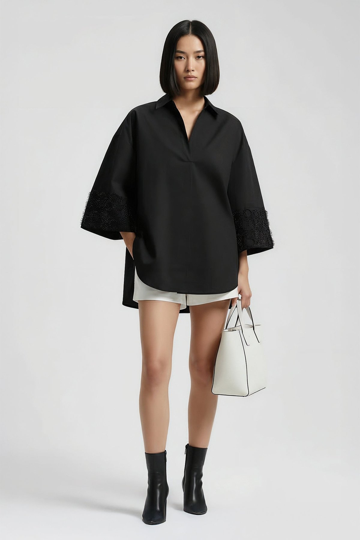 Black Relaxed-Fit Poplin Shirt with Embroidered Cuffs