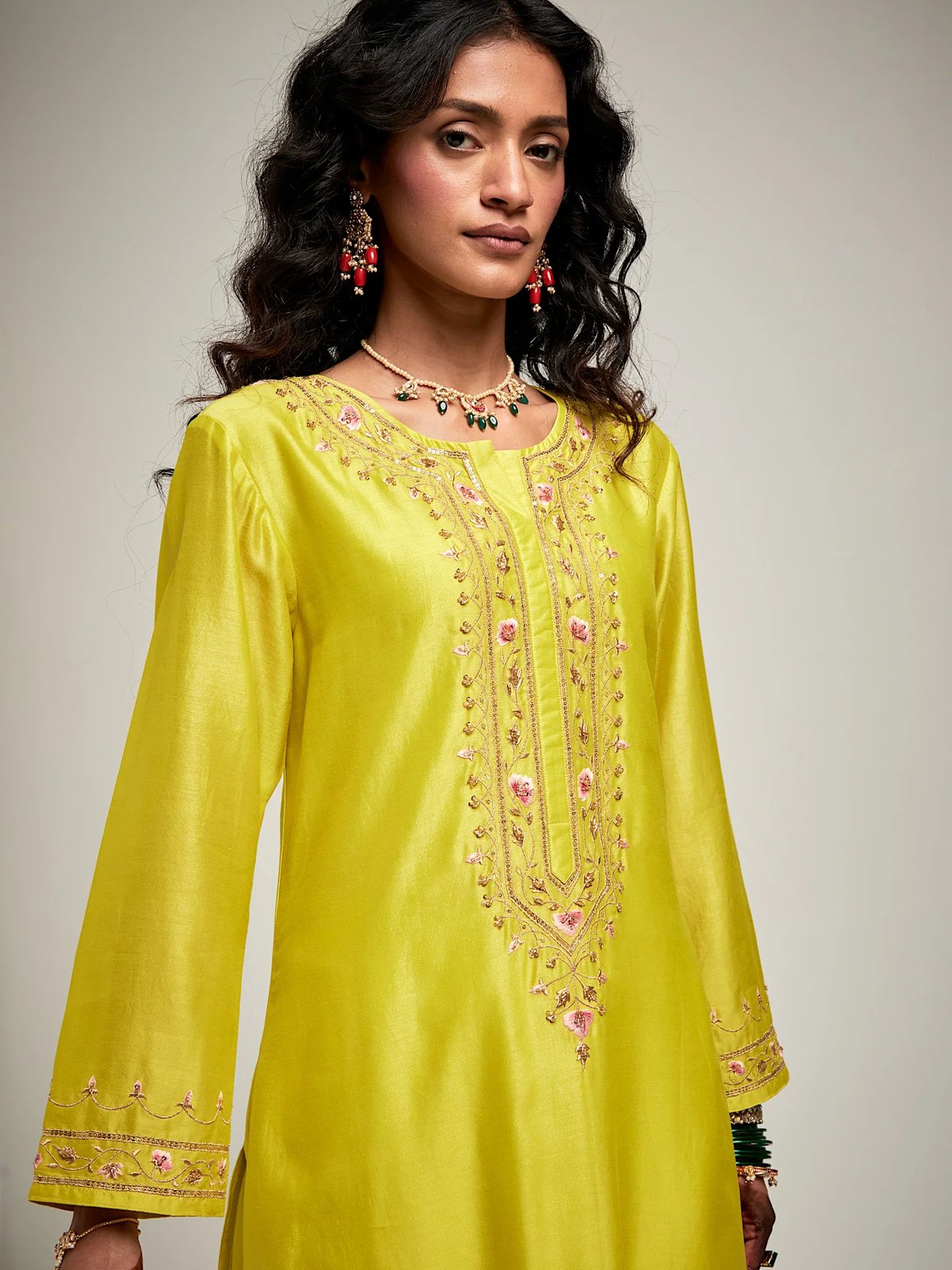 Lime Silk Chanderi Straight Kurta with Embroidered Placket