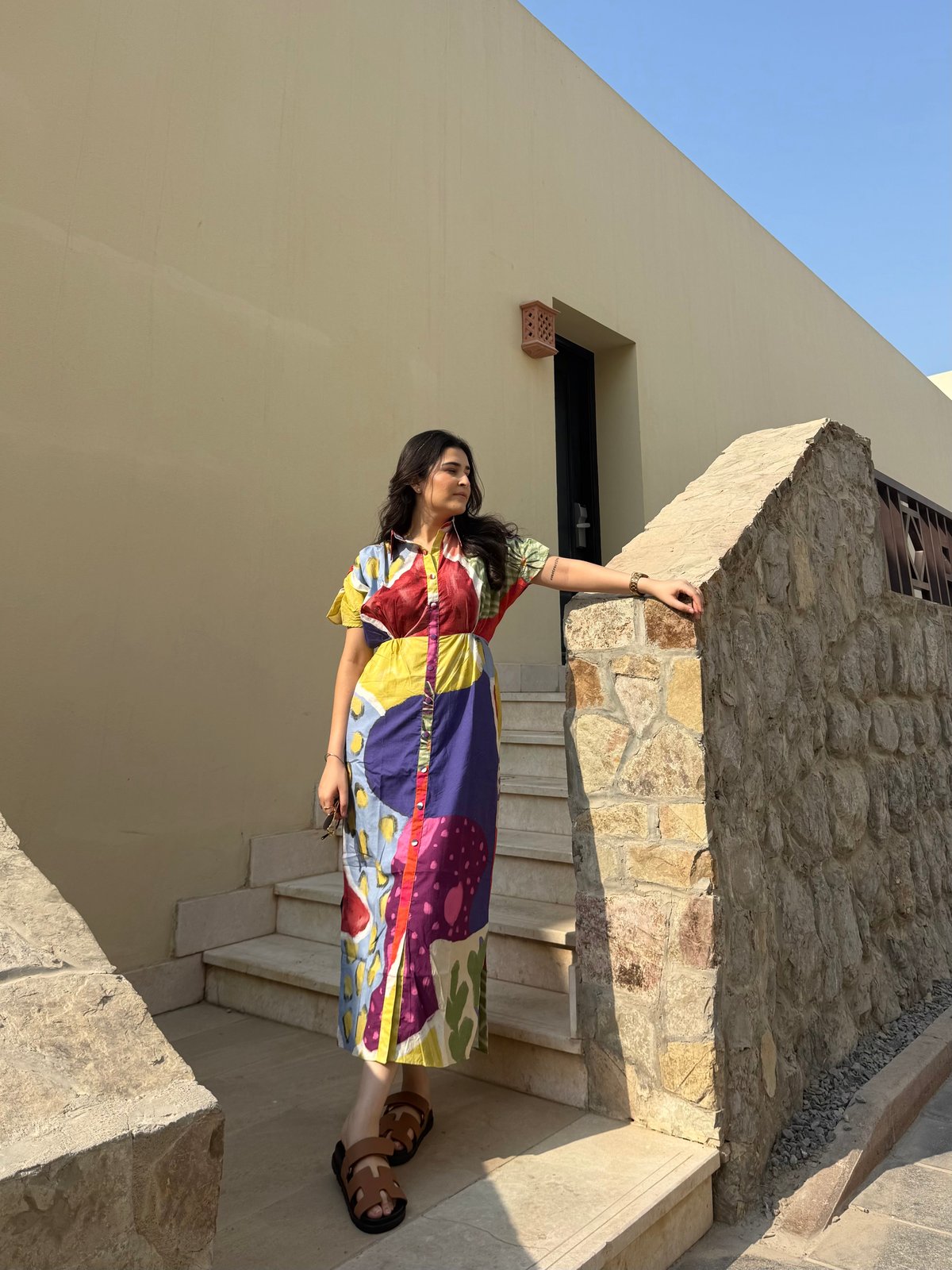 Multicolor Abstract Printed Cotton Midi Shirt Dress