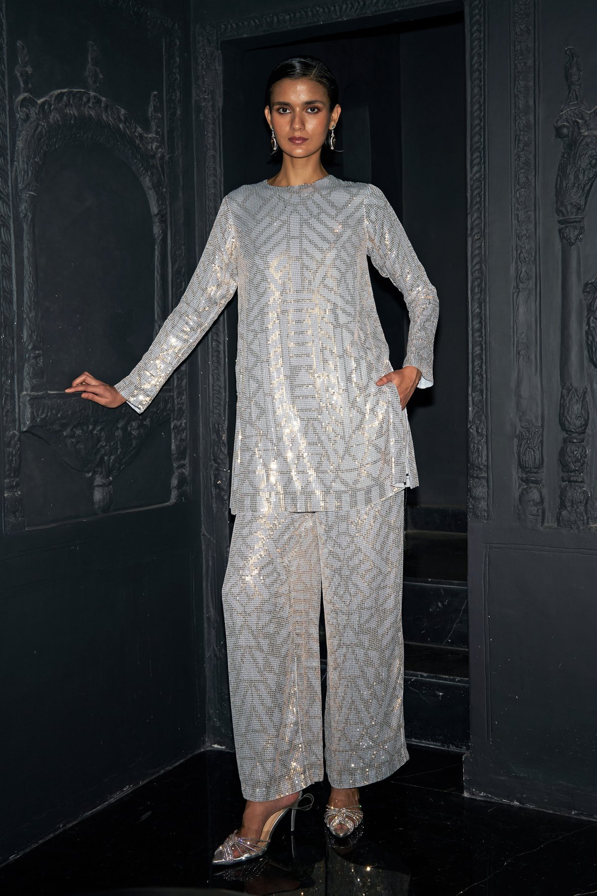 Pastel Sequin Longline Top and Wide-Leg Pants Co-ord Set