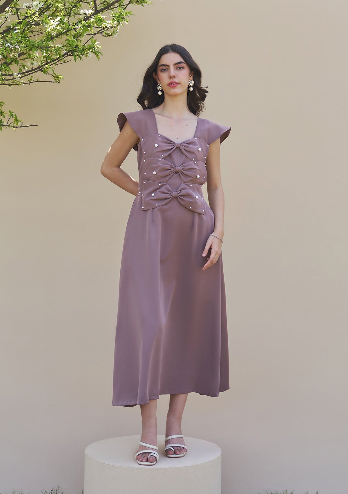 Mocha Fit and Flare Crepe Midi Dress with Bow Bodice