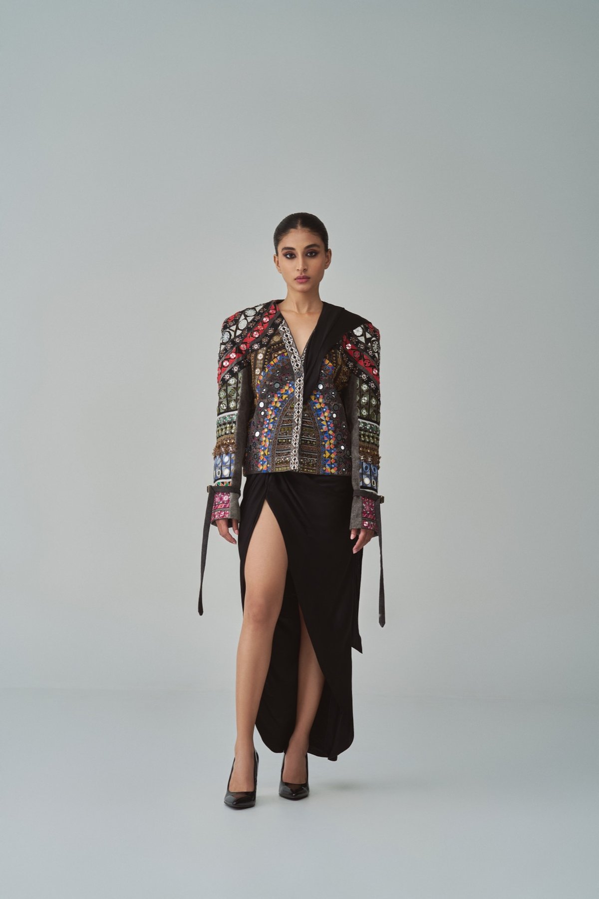 Multicolour Mirror-Embroidered Cropped Denim Jacket