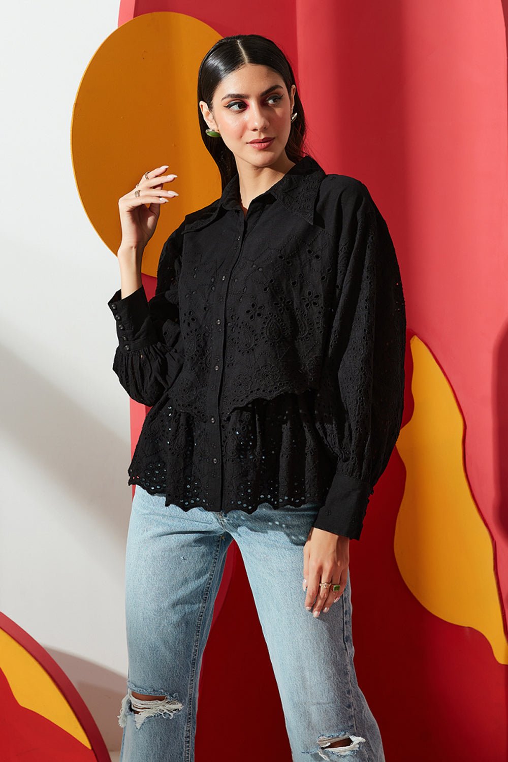 Black Cotton Cutwork Embroidered Button-Down Blouse