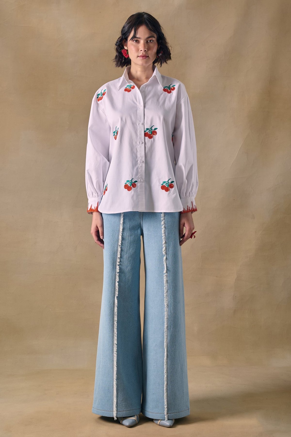 White Embroidered Shirt and Wide-Leg Denim Co-ord Set