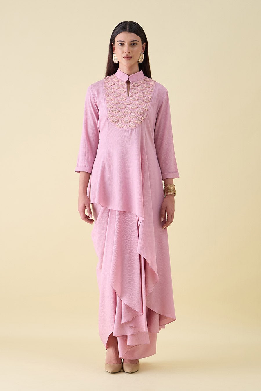 Pink Embellished Draped Tunic Skirt Set