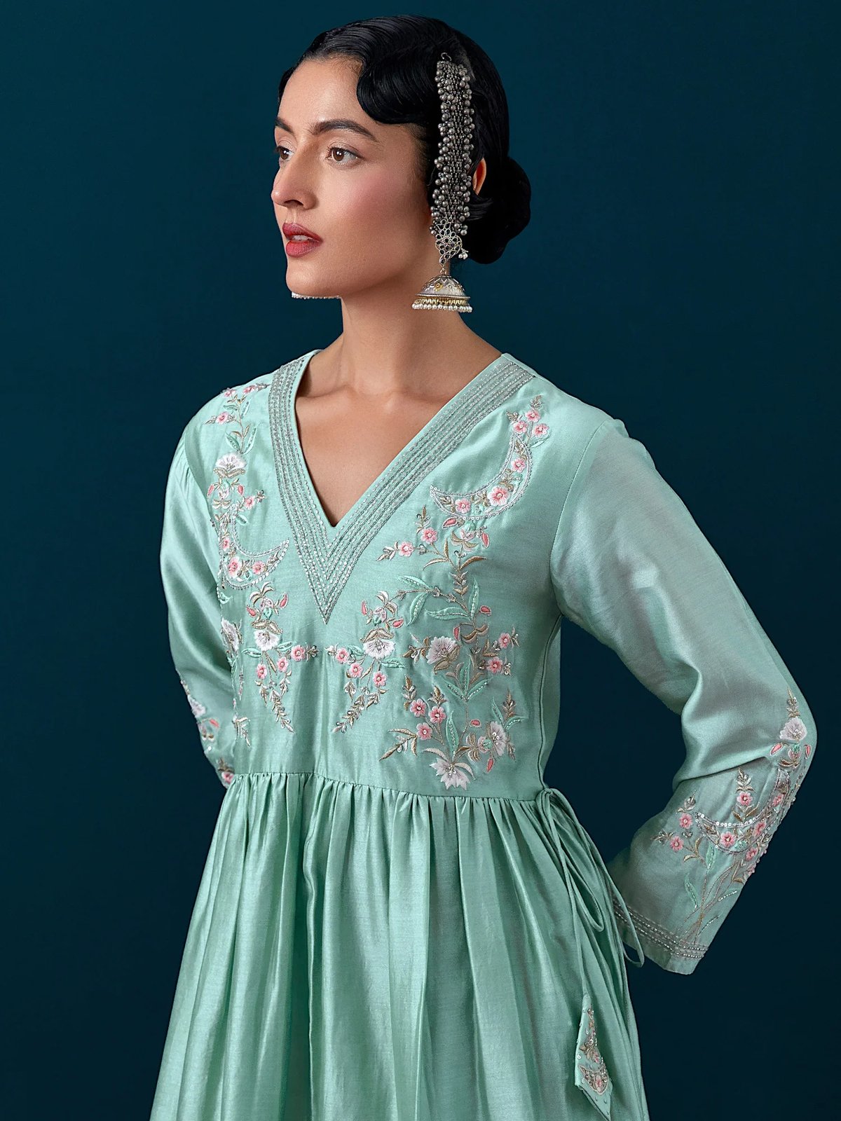 Dull Blue Silk Chanderi Embroidered Yoke Flared Kurta