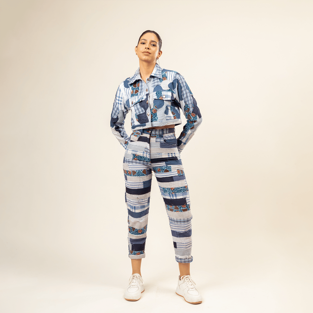 Blue Patchwork Cropped Jacket and Pants Co-ord Set