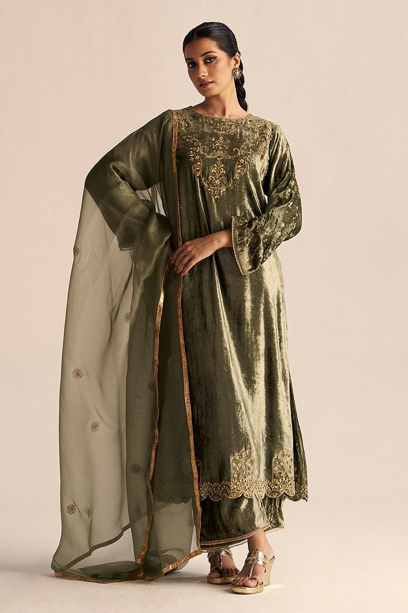Deep Lichen Green Velvet Embroidered Kurta Set with Dupatta