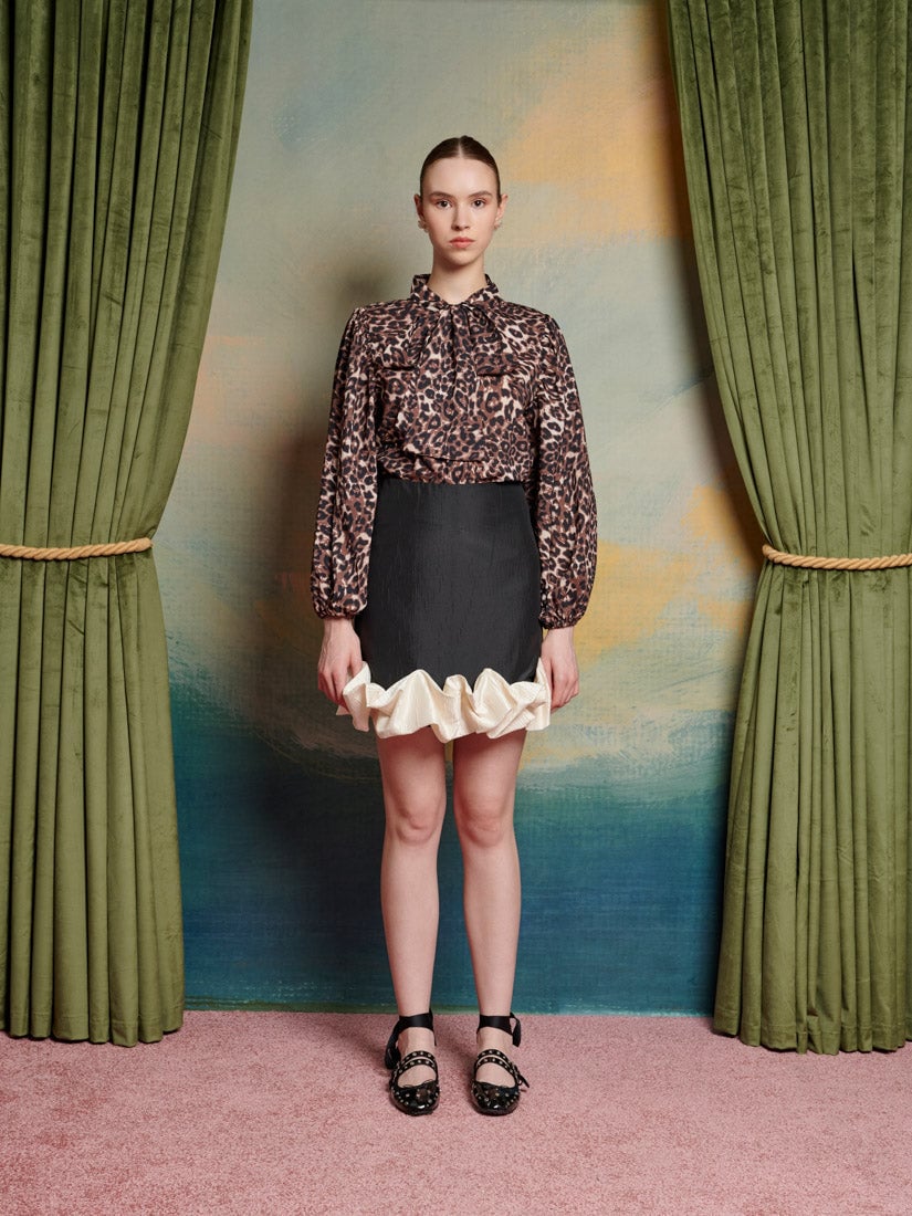 Black and White High-Waisted Mini Skirt with Ruffle Hem