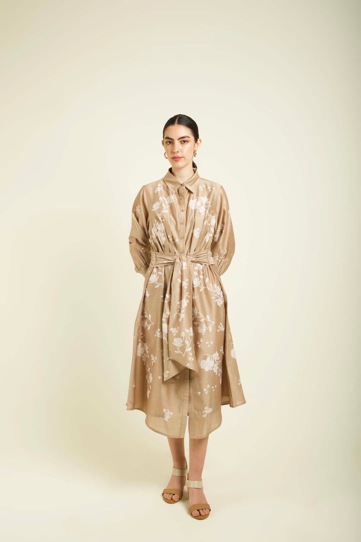 Beige Floral Printed Silk Chanderi Midi Shirt Dress