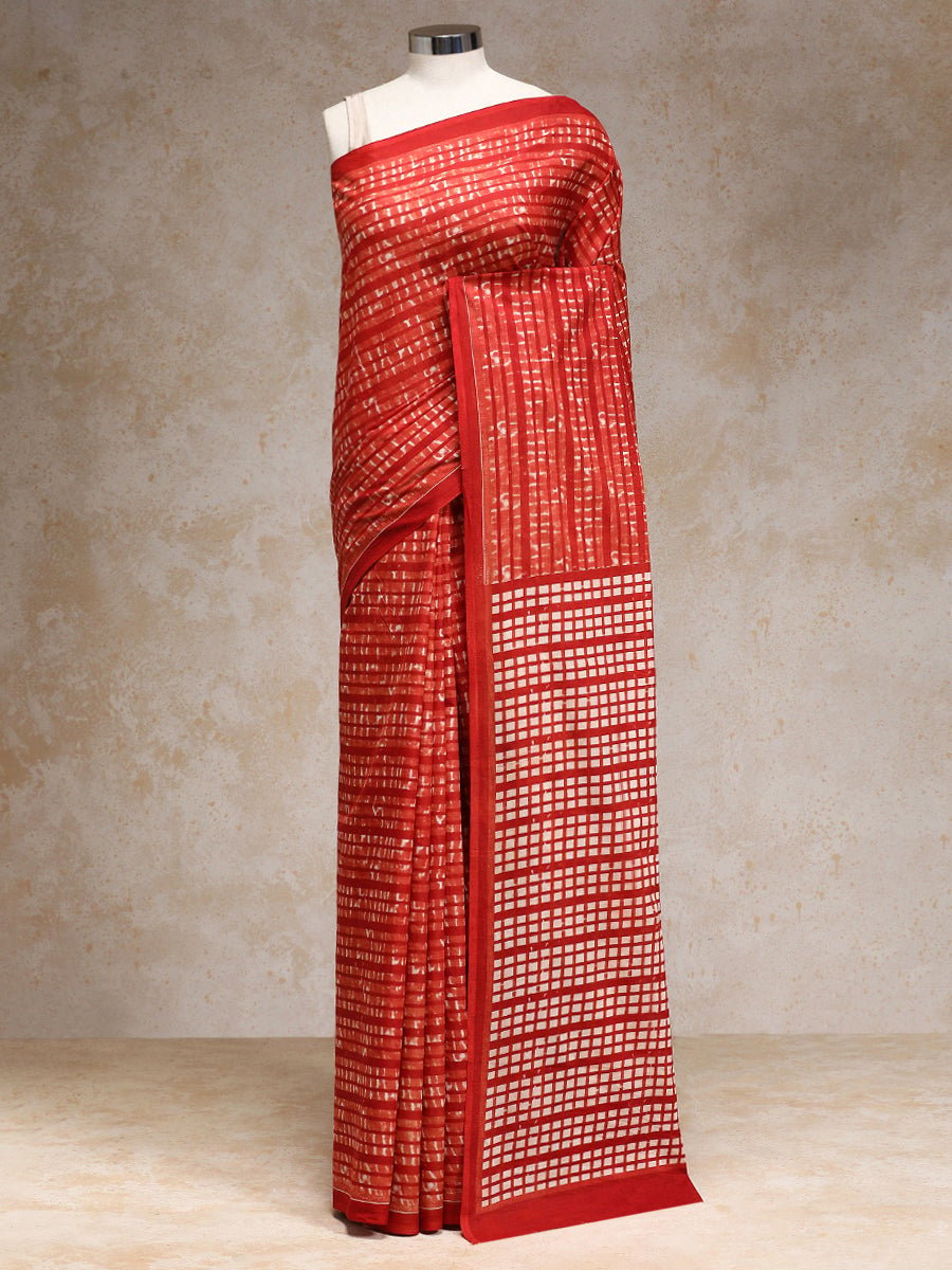 Chili Red Handblock Printed Grid Motif Mulmul