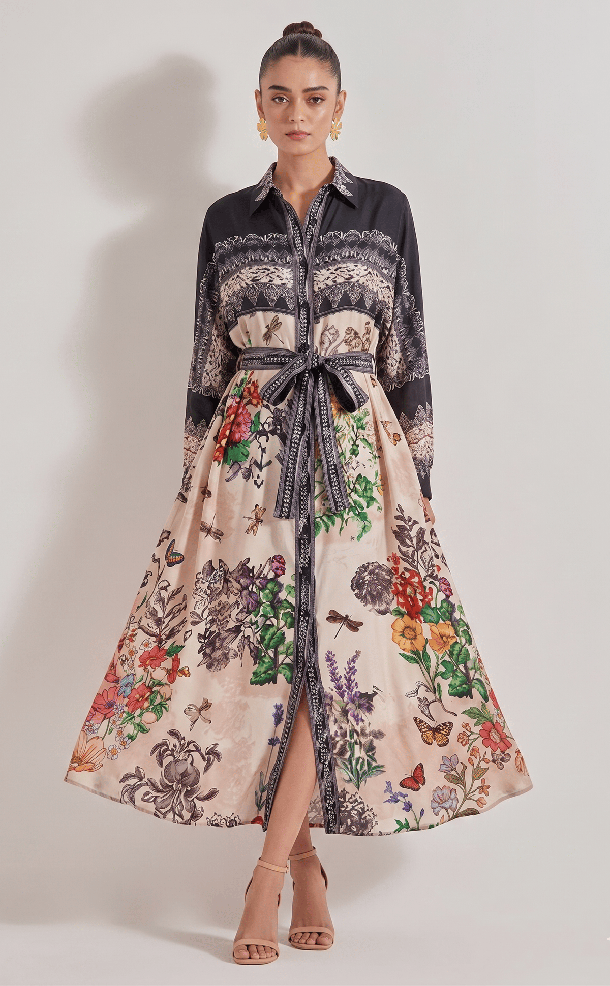 Multicolor Printed Maxi Shirt Dress with Waist Tie