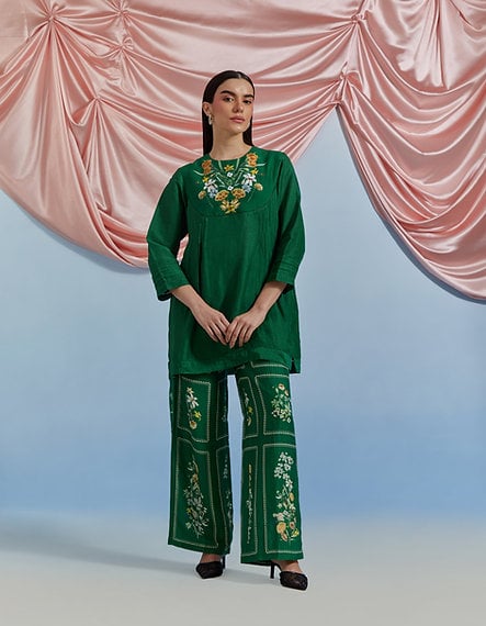 Forest Green Embroidered Tunic Top and Pant Co-ord Set