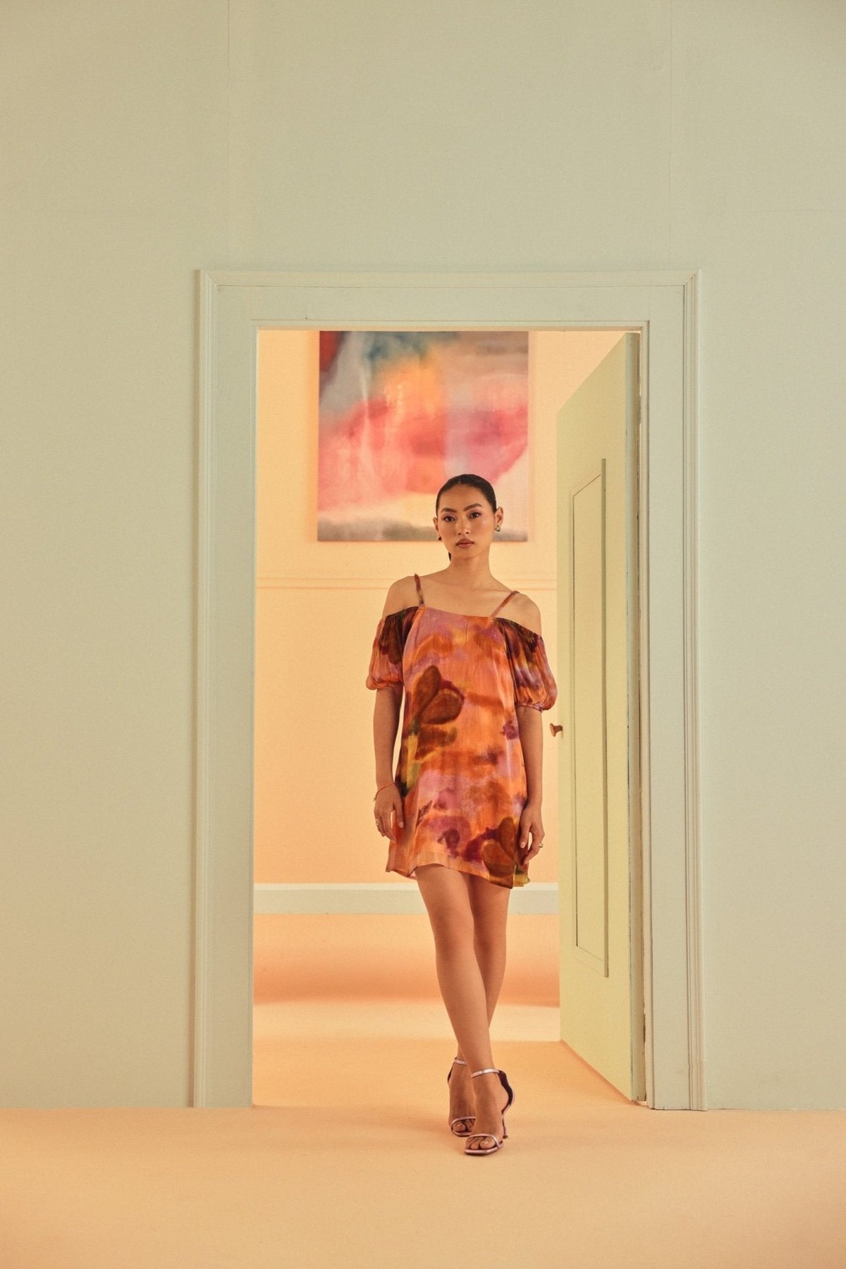 Purple and Orange Abstract Print Chiffon Mini Dress