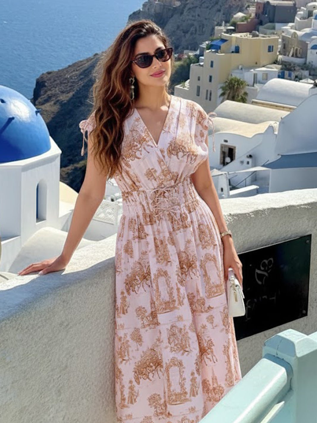 Ivory Toile Print Linen Maxi Dress with Smocked Waist