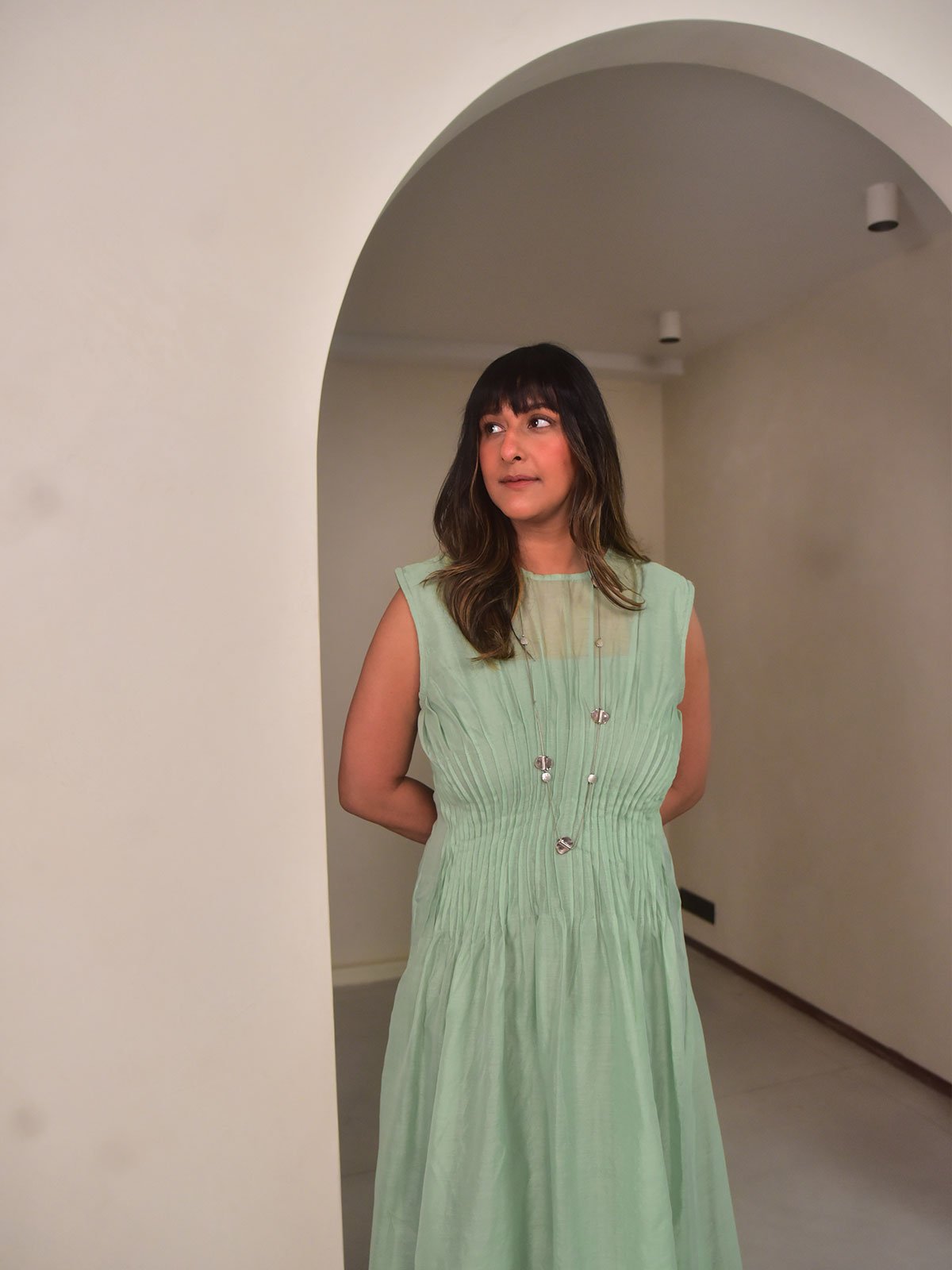 Green Chanderi Pintuck Fit and Flare Midi Dress