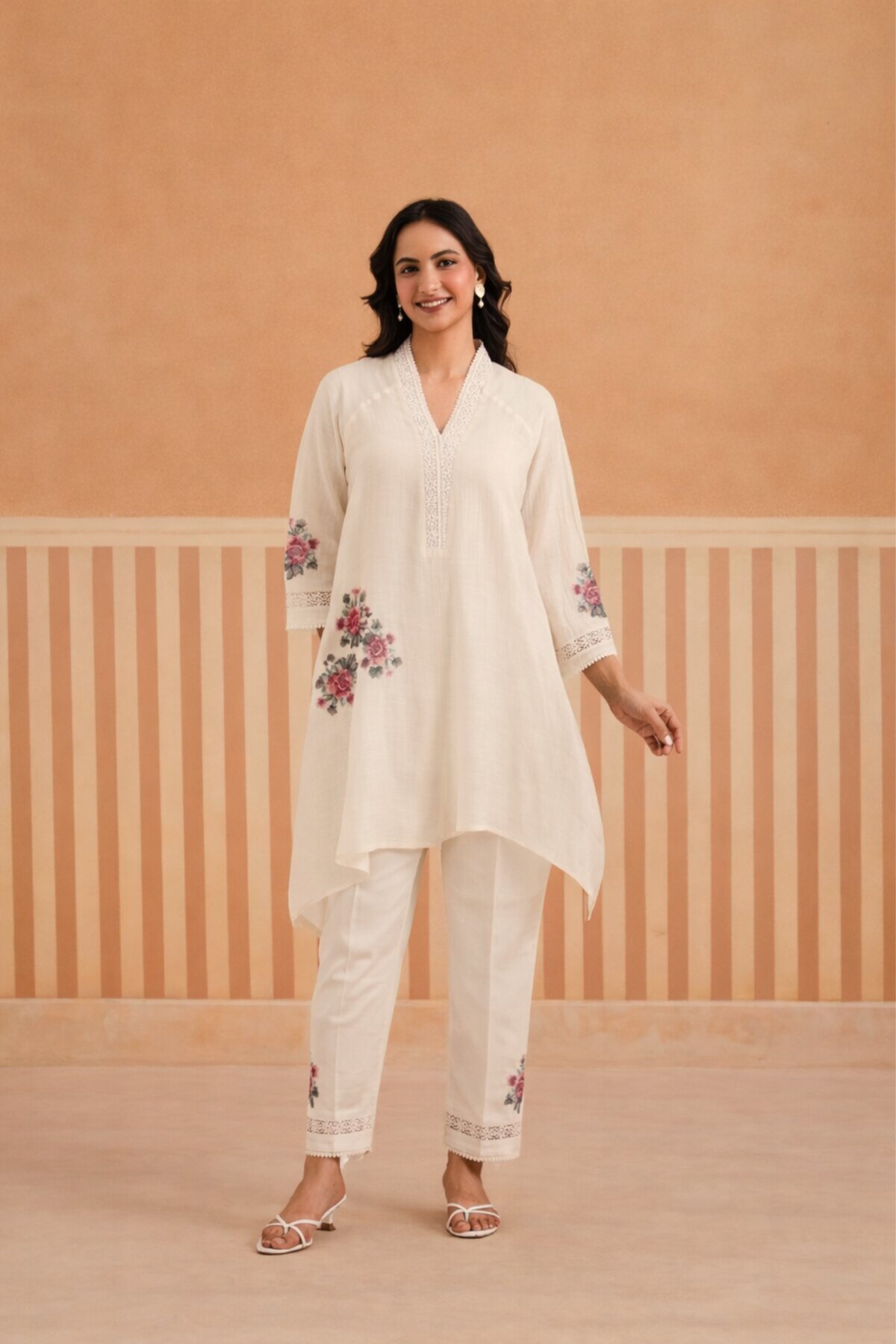 Asymmetric V Neck Embroidered Tunic Set