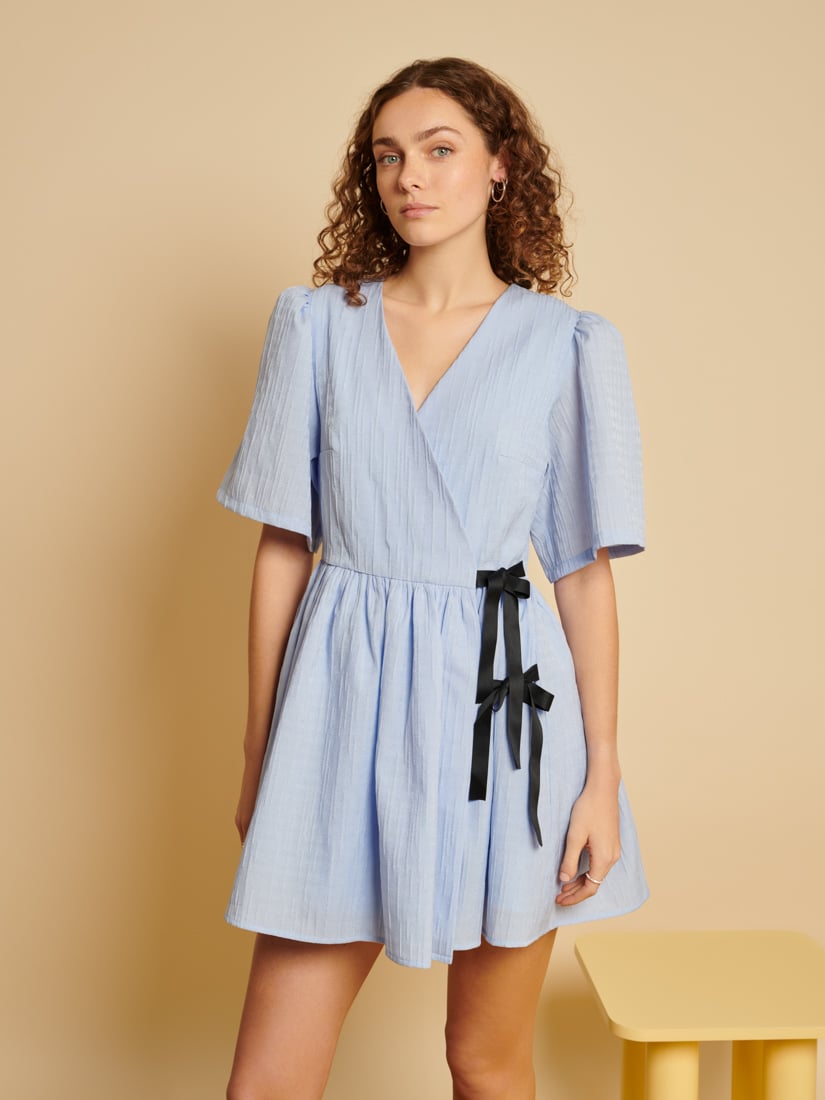 Blue Wrap Mini Dress with Contrast Side Ties