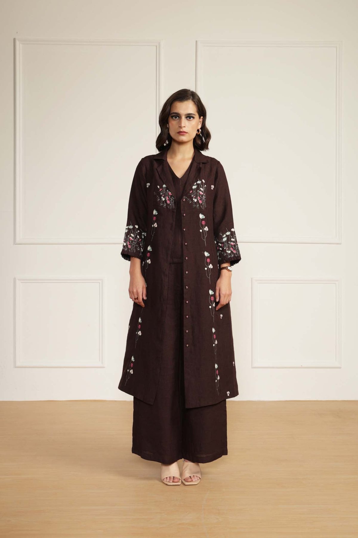 Grape Linen Printed Jacket, Top and Flared Pants Co-ord Set