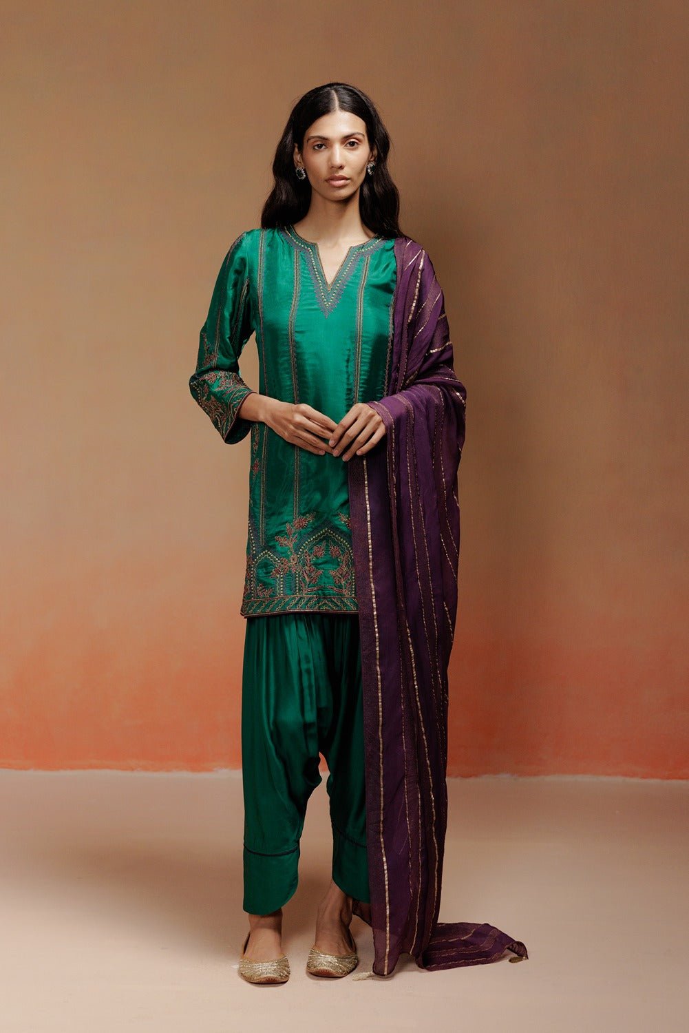 Green Embroidered Silk Kurta Set with Contrast Dupatta